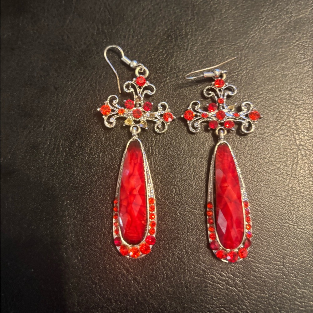 Striking Red and Silver Teardrop Earrings
